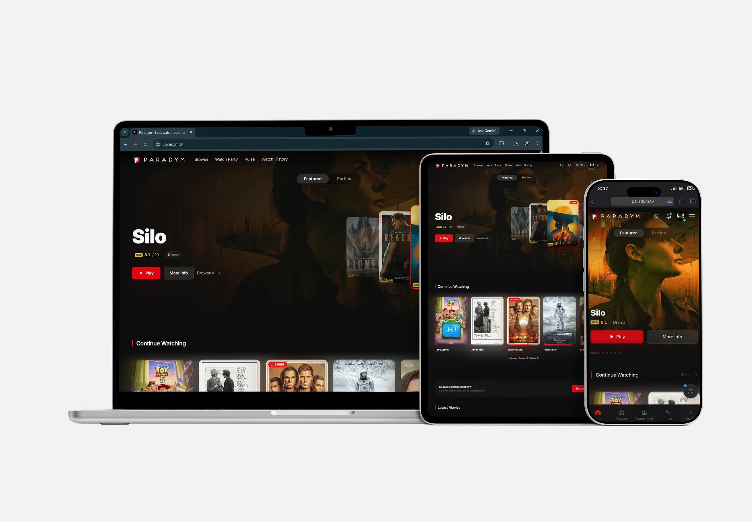 The Paradym home page on a laptop, tablet, and phone, showing films and Continue Watching.